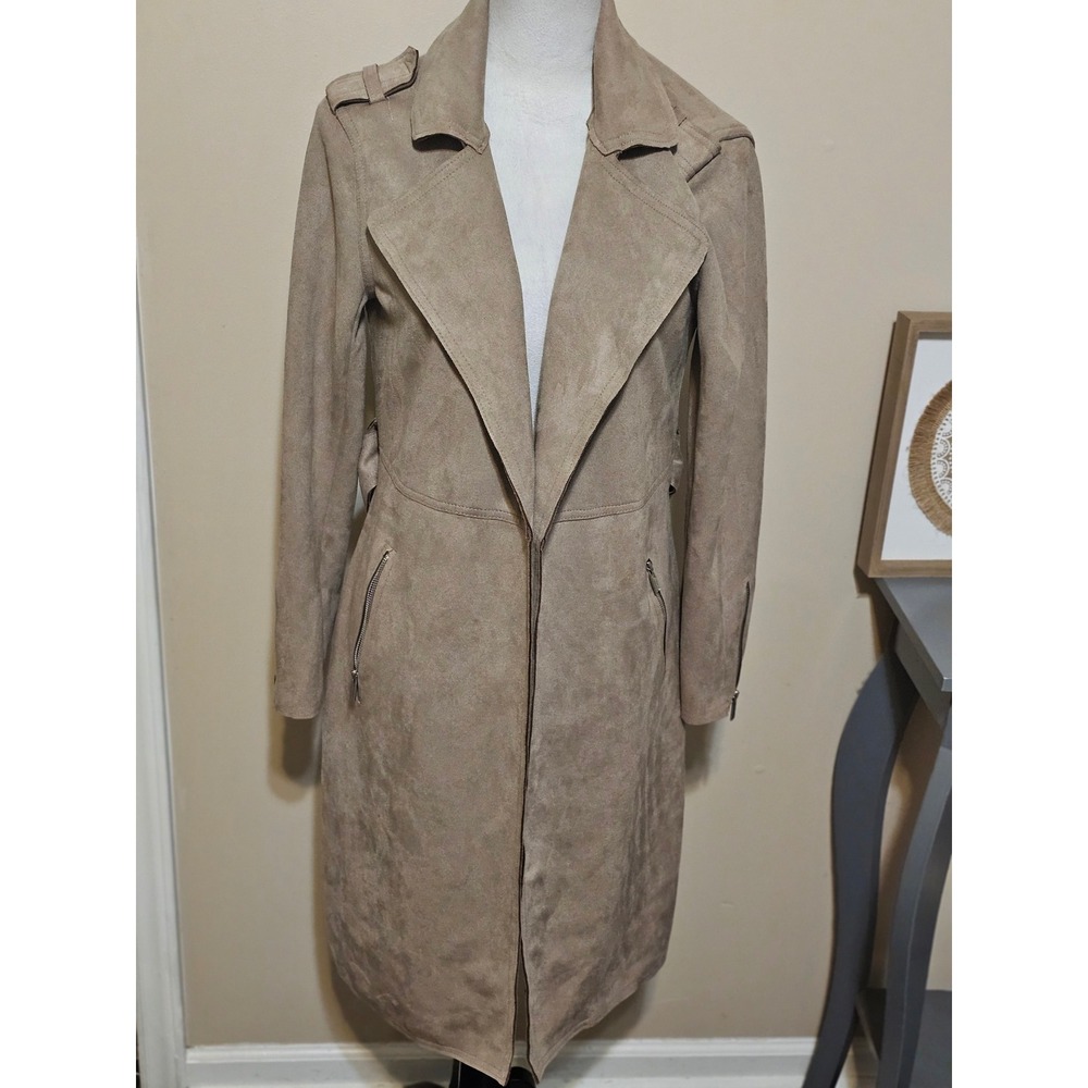 TAHARI Women's Taupe Faux Suede Belted Trench Coat Jacket Size M Zip Pockets